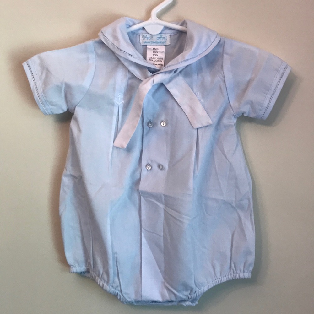 Petit Ami light blue boy 6m nautical romper